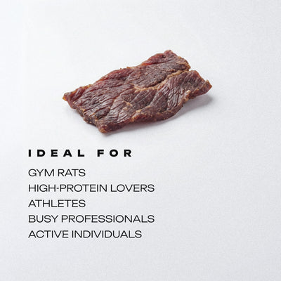Dried beef jerky on a white background with text about target audiences.
